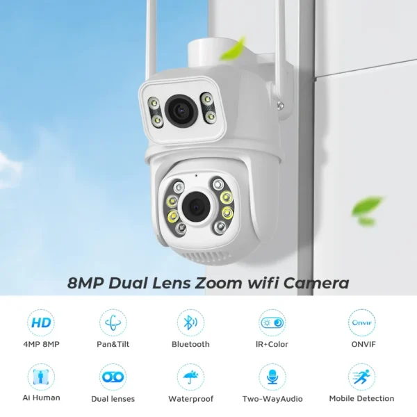 Câmera 8mp 4k ip ptz lente dupla detecção humana câmera de segurança cctv visão noturna ao ar livre câmera de vigilância wi-fi icsee