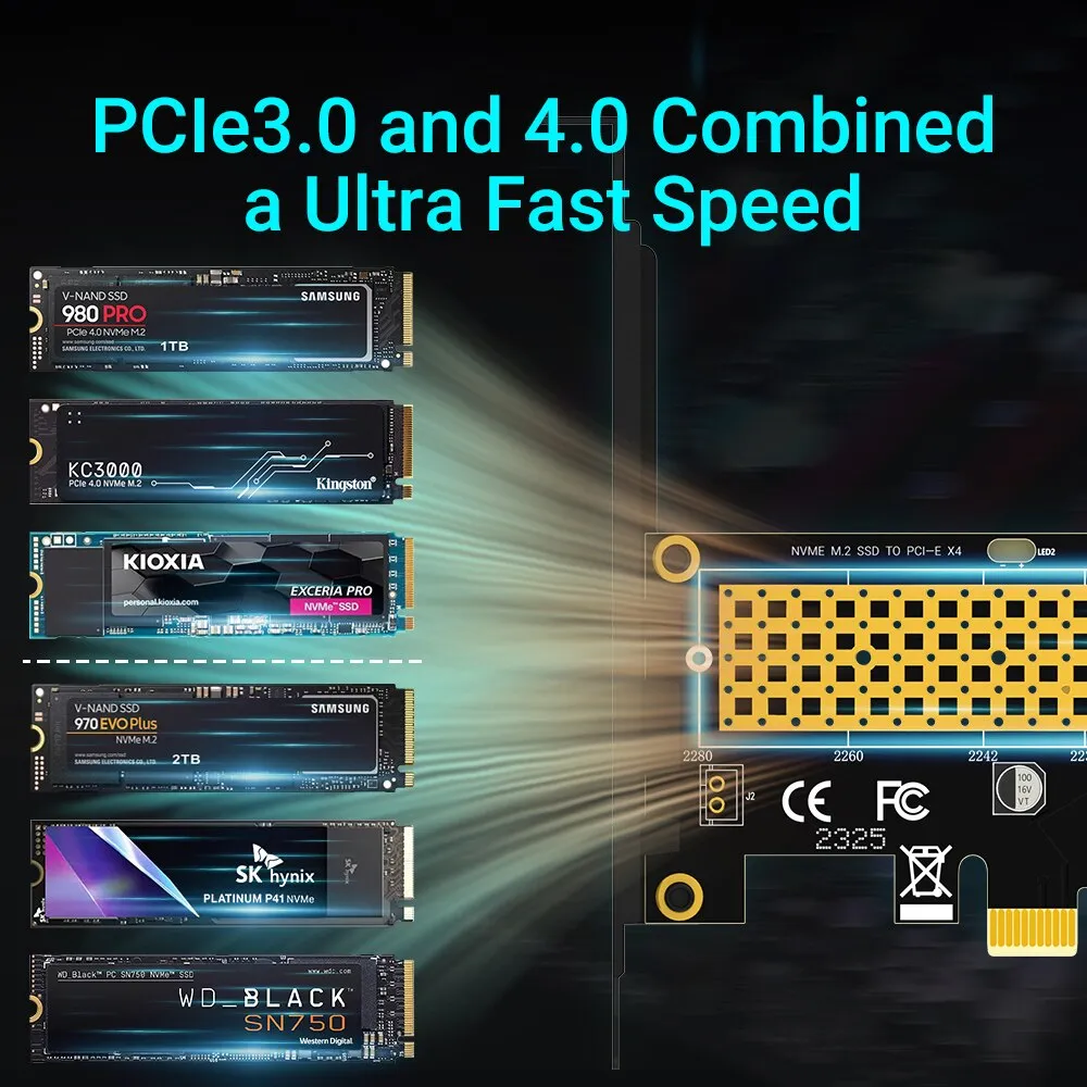 SSD m.2 adaptador pcie 4.0 3.0, placa de expansão pcie 4.0 x4 x8 x16 de 64gbps para pc desktop, - Imagem 6